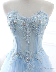 Sweetheart Neck Blue Lace Prom Dresses, Light Blue Lace Formal Evening Dresses