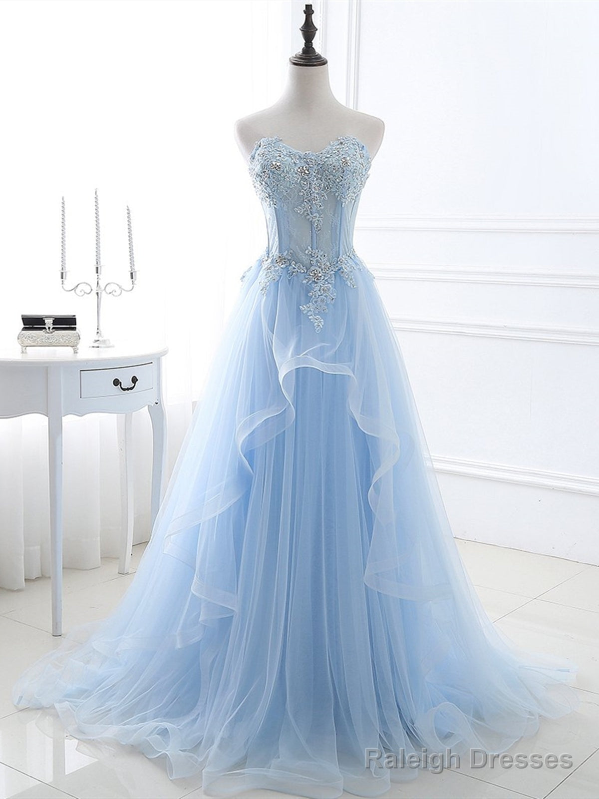 Sweetheart Neck Blue Lace Prom Dresses, Light Blue Lace Formal Evening Dresses Main image