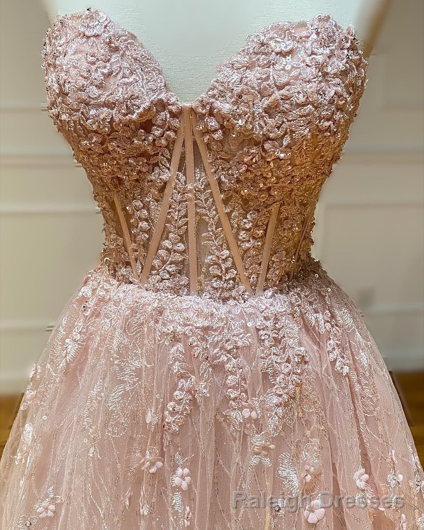 Sweetheart Neck Champagne Lace Prom Dresses, Champagne Lace Formal Prom Dresses Secondary image