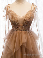 Sweetheart Neck Floor Length Champagne Lace Prom Dresses, Champagne Lace Formal Dresses