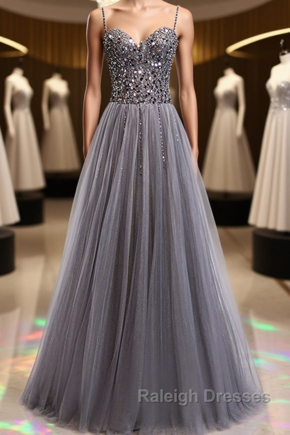 Sweetheart Neck Grey Sequins Tulle Long Prom Dress, Grey Sequins Formal Evening Dress Main image