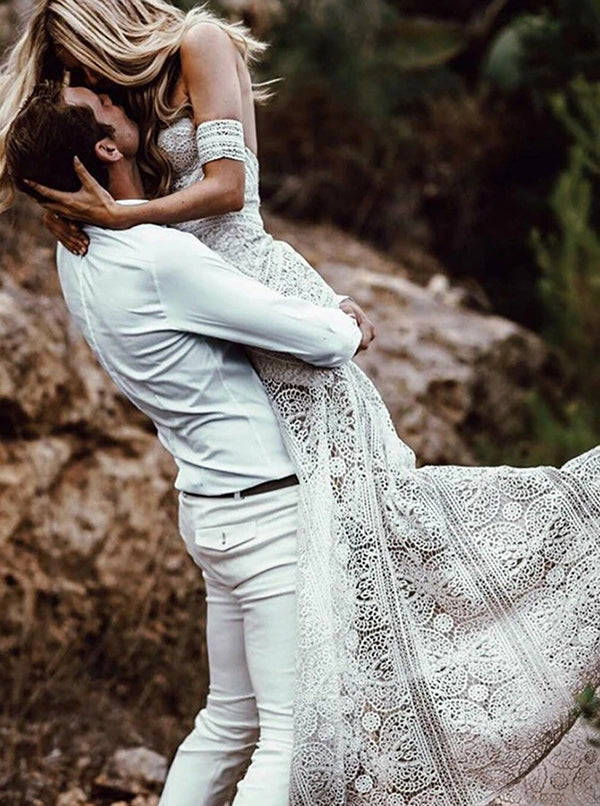 Sweetheart Neck Lace Beach Ivory Rustic Boho Wedding Dress