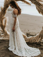 Sweetheart Neck Lace Beach Ivory Rustic Boho Wedding Dress