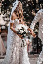 Sweetheart Neck Lace Beach Ivory Rustic Boho Wedding Dress
