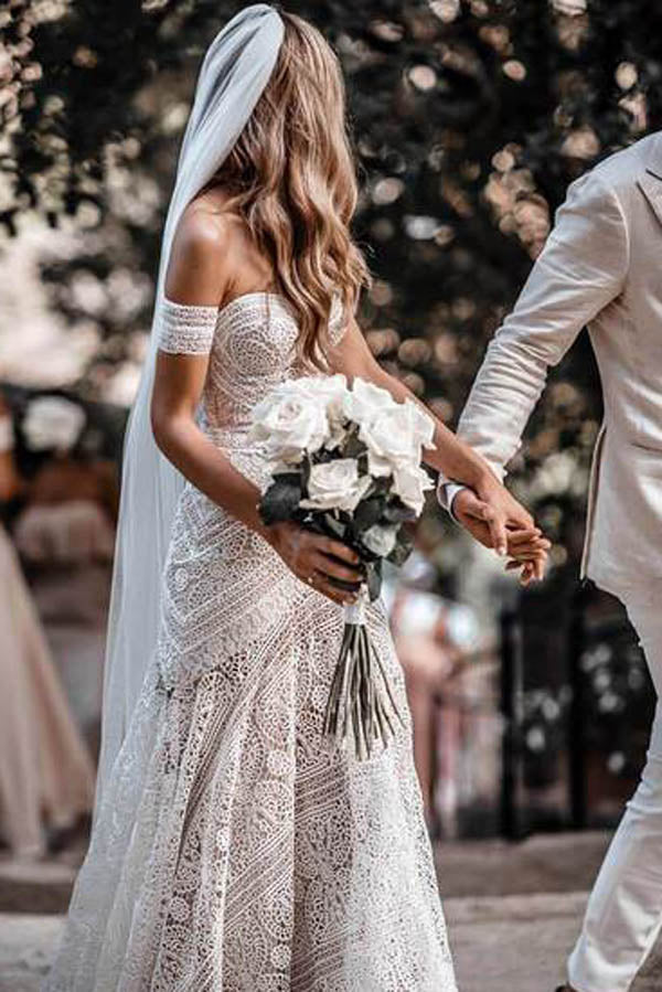 Sweetheart Neck Lace Beach Ivory Rustic Boho Wedding Dress