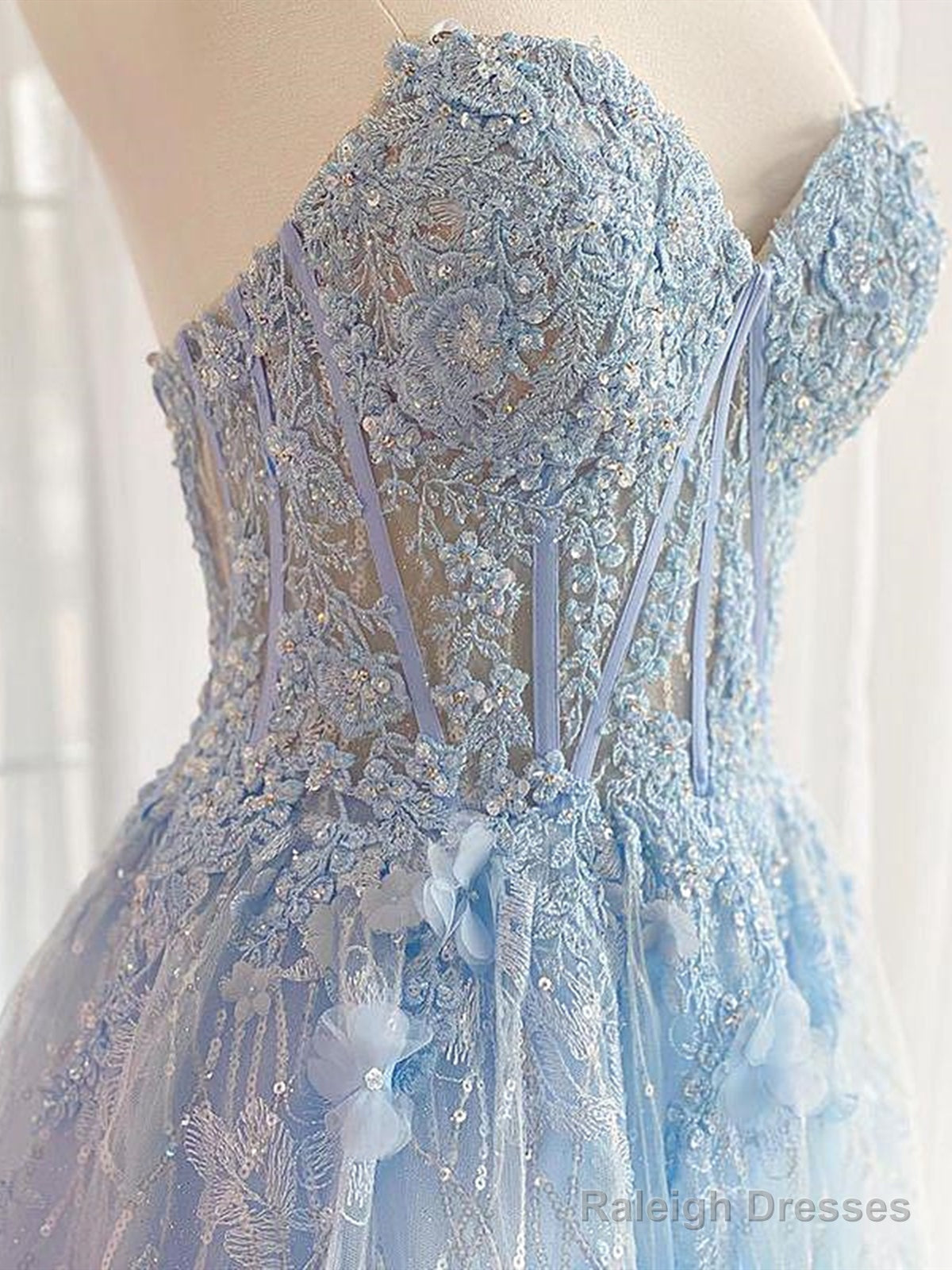 Sweetheart Neck Light Blue Lace Prom Dresses, Light Blue Lace Formal E