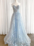 Sweetheart Neck Light Blue Lace Prom Dresses, Light Blue Lace Formal Evening Dresses
