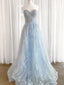 Sweetheart Neck Light Blue Lace Prom Dresses, Light Blue Lace Formal Evening Dresses