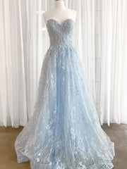 Sweetheart Neck Light Blue Lace Prom Dresses, Light Blue Lace Formal Evening Dresses