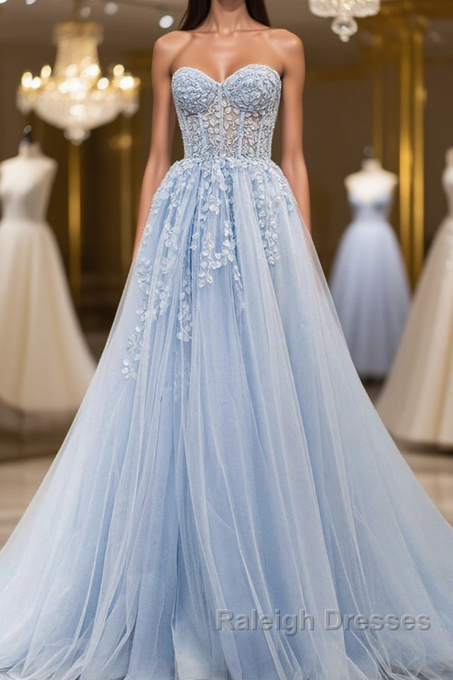 Sweetheart Neck Light Blue Lace Tulle Long Prom Dress, Light Blue Lace Formal Graduation Evening Dress