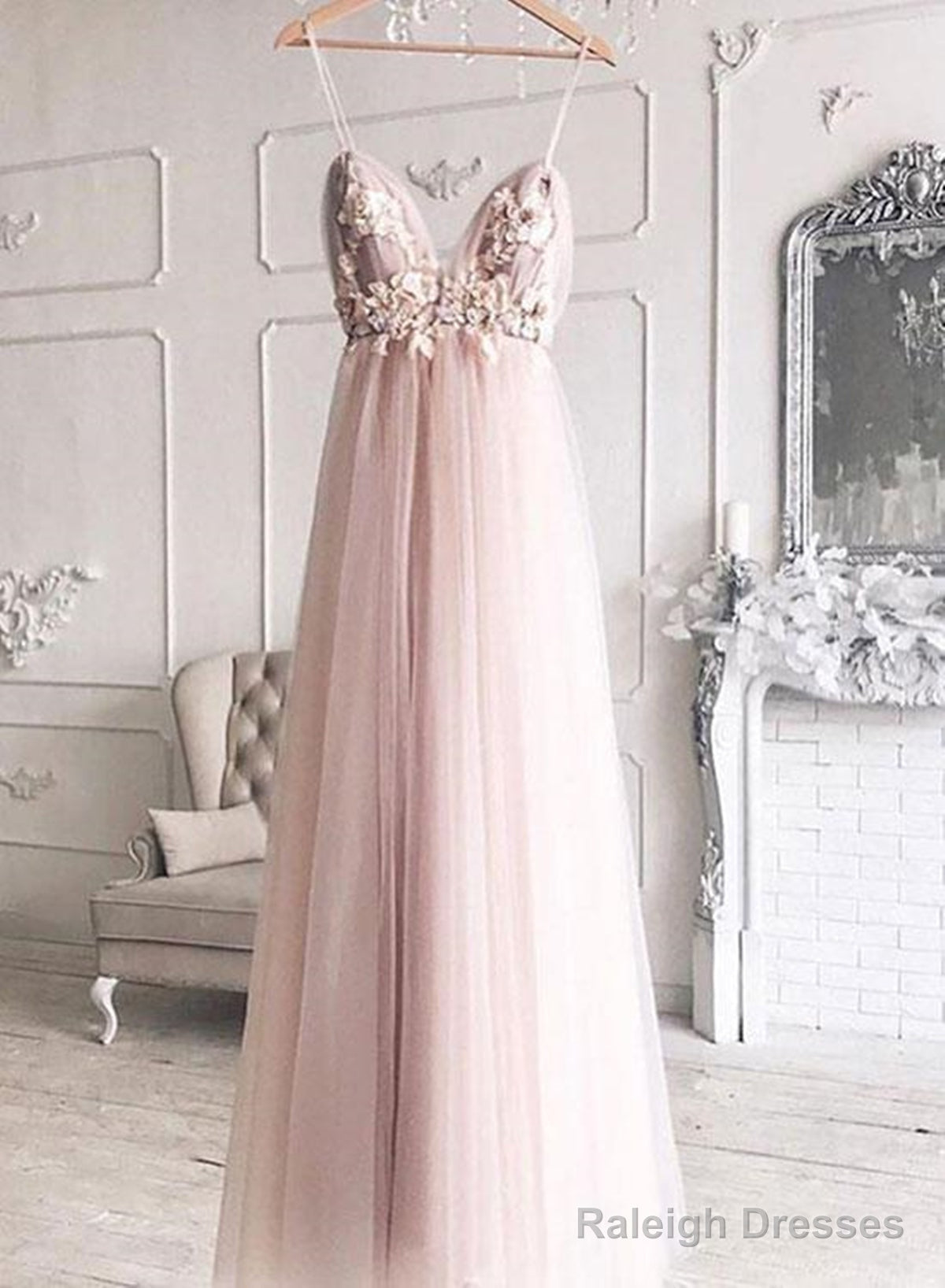 Sweetheart Neck Pink Floral Tulle Prom Dresses, Pink Floral Wedding Formal Graduation Dresses Secondary image