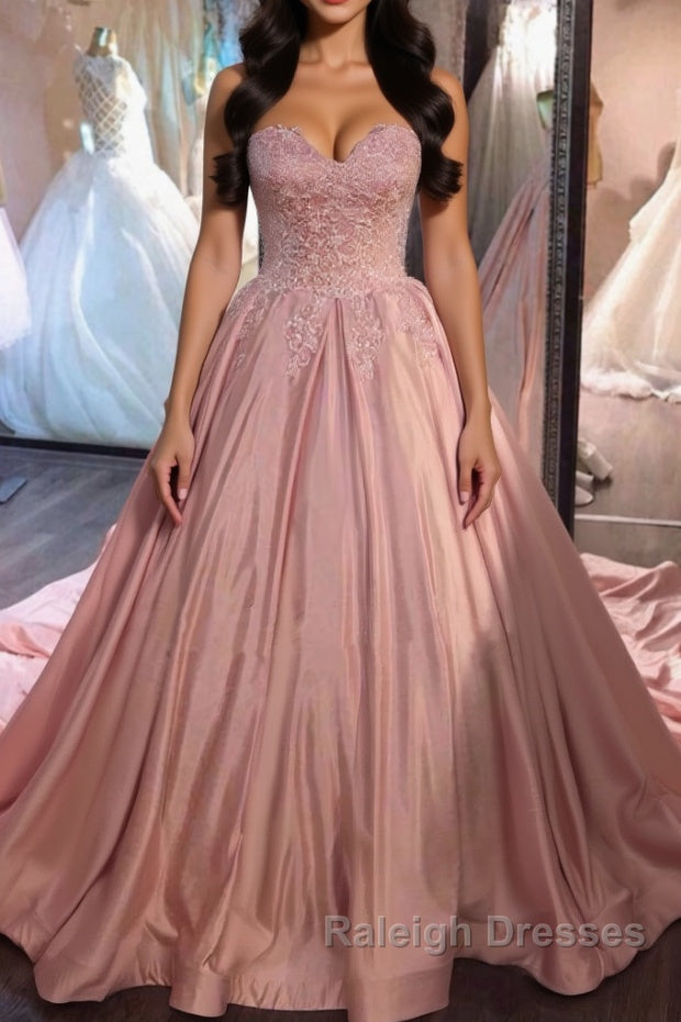 Sweetheart Neck Pink Lace Prom Dresses, Pink Lace Long Formal Evening Dresses