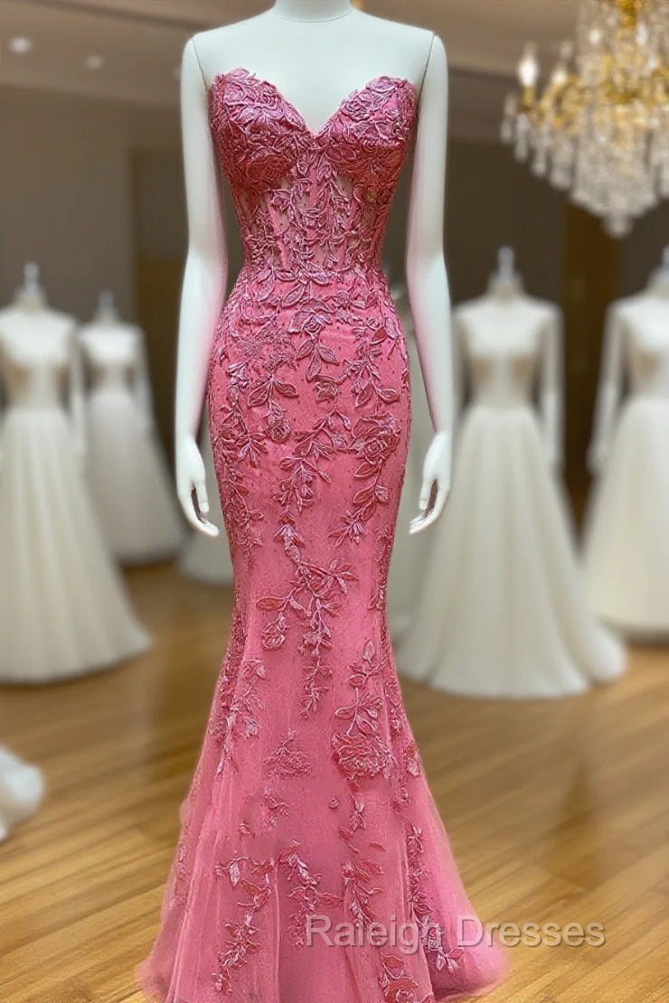 Sweetheart Neck Pink Mermaid Lace Prom Dresses, Pink Mermaid Lace Formal Graduation Dresses Main image
