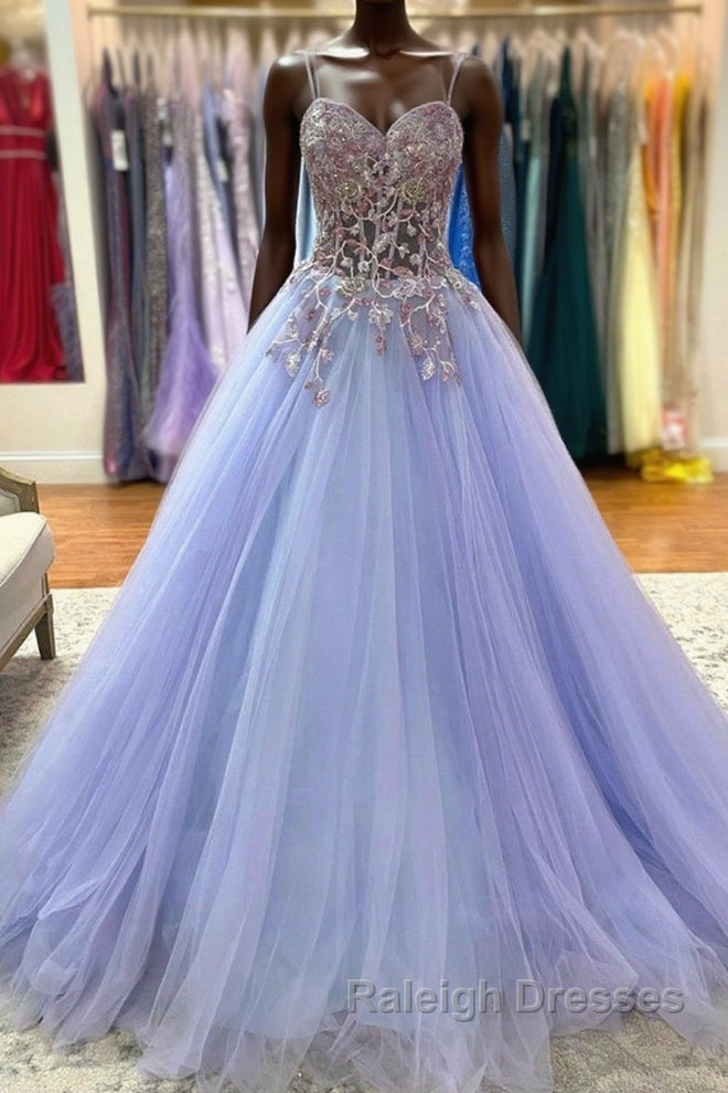 Sweetheart Neck Purple Tulle Long Prom Dress with Lace Appliques, Purple Lace Formal Graduation Evening Dress