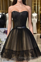 Sweetheart Neck Short Black Lace Prom Dresses, Short Black Lace Graduation Homecoming Dresses