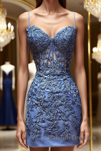 Sweetheart Neck Short Blue Lace Prom Dresses, Short Blue Lace Formal Homecoming Dresses