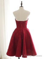 Sweetheart Neck Short Burgundy Lace Prom Dresses, Short Wine Red Lace Formal Prom Dresses