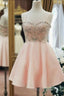 Sweetheart Neck Short Pink Prom Dresses, Short Pink Beaded Homecoming Graduation Dresses