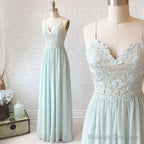 Sweetheart Neck Spaghetti Straps Mint Green Lace Prom Dresses, Mint Green Lace Formal Evening Bridesmaid Dresses