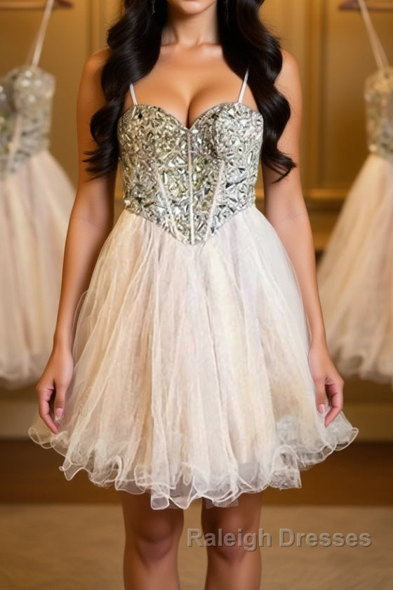 Sweetheart Neck Spaghetti Straps Tulle Champagne Homecoming Dresses, Champagne Short Prom Dresses, Graduation Dresses, Evening Dresses Main image