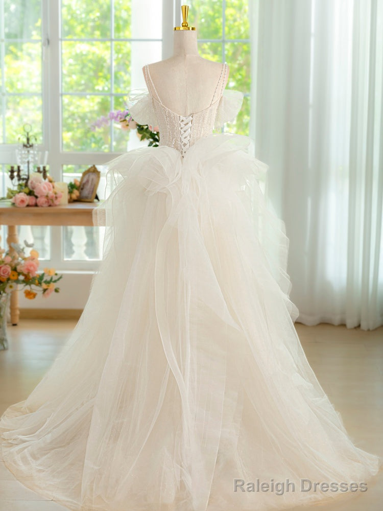 Sweetheart Neck Tulle Beads Light Champagne Long Prom Dress, Light Champagne Formal Dress Secondary image