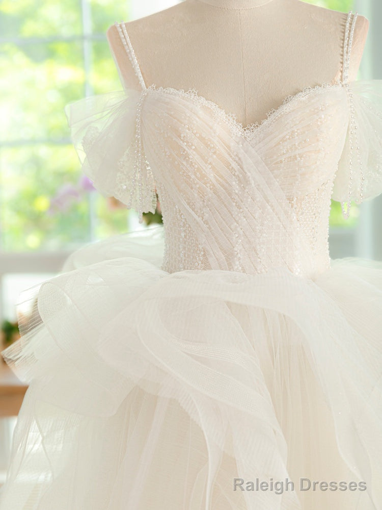 Sweetheart Neck Tulle Beads Light Champagne Long Prom Dress, Light Champagne Formal Dress