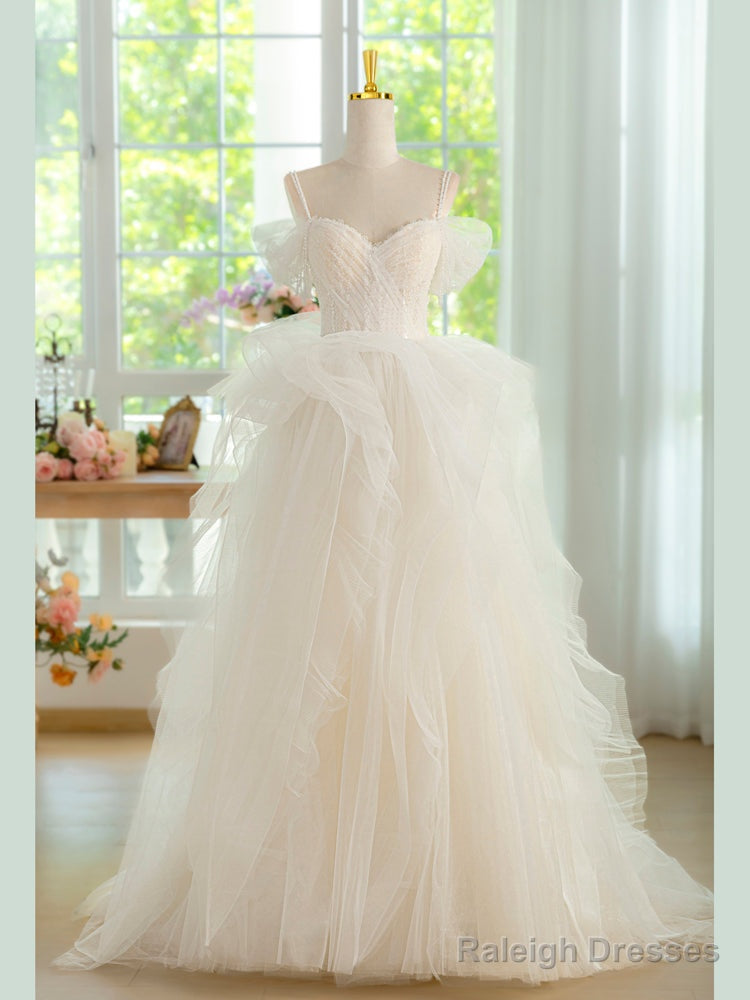 Sweetheart Neck Tulle Beads Light Champagne Long Prom Dress, Light Champagne Formal Dress Main image