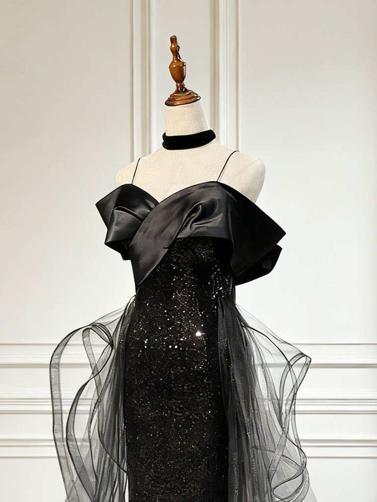 Sweetheart Off Shoulder Tulle Sequin Sweep Train Black Long Prom Dress Secondary image