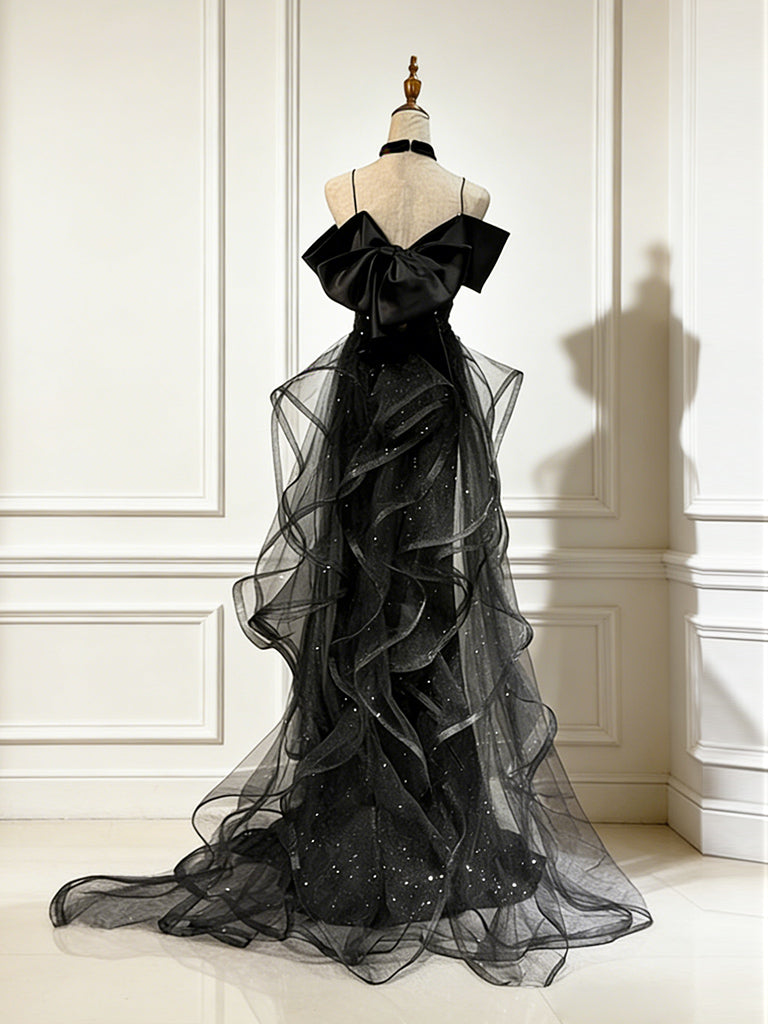 Sweetheart Off Shoulder Tulle Sequin Sweep Train Black Long Prom Dress