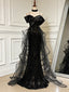 Sweetheart Off Shoulder Tulle Sequin Sweep Train Black Long Prom Dress