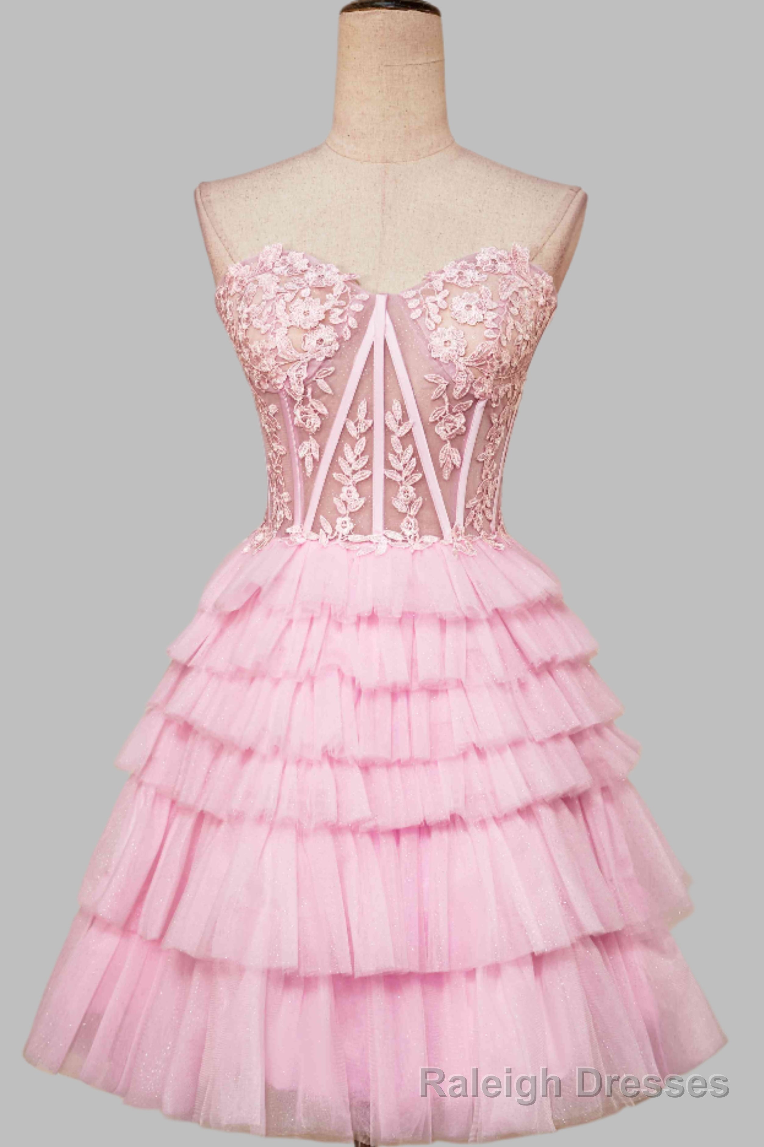 Sweetheart Pink Lace Corset Tiered Short Homecoming Dress Main image