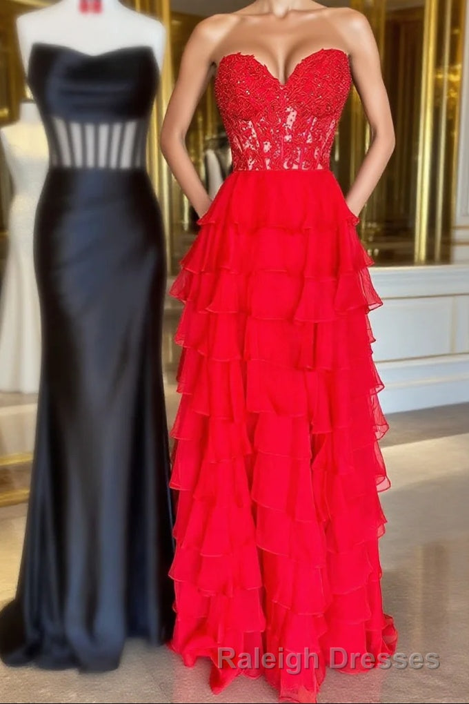 Sweetheart Red Corset Chiffon Ruffle Long Prom Dress