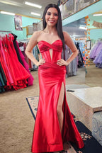 Sweetheart Satin Mermaid Long Prom Dress With Slit