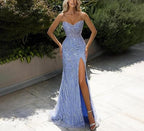 Blue Fashion Shiny Off-Shoulder Sequins Elegant Tight Long Slit Ball Gown Evening Dress