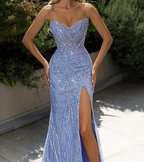 Blue Fashion Shiny Off-Shoulder Sequins Elegant Tight Long Slit Ball Gown Evening Dress