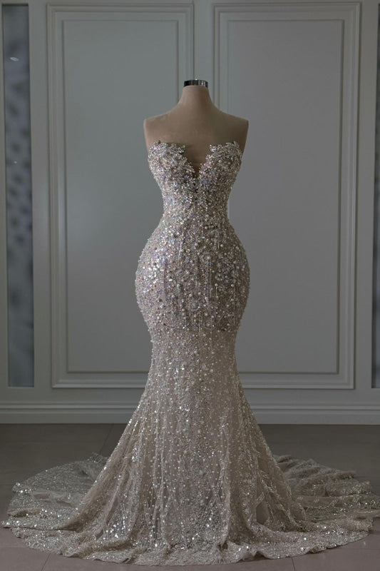 Sweetheart Sleeveless Beaded Lace Mermaid Wedding Dresses Main image