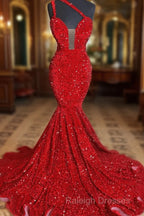 Sweetheart Sleeveless Sequins Red Mermaid Prom Dresses