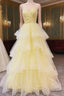Sweetheart Tulle Yellow Ruffles Long Prom Dresses
