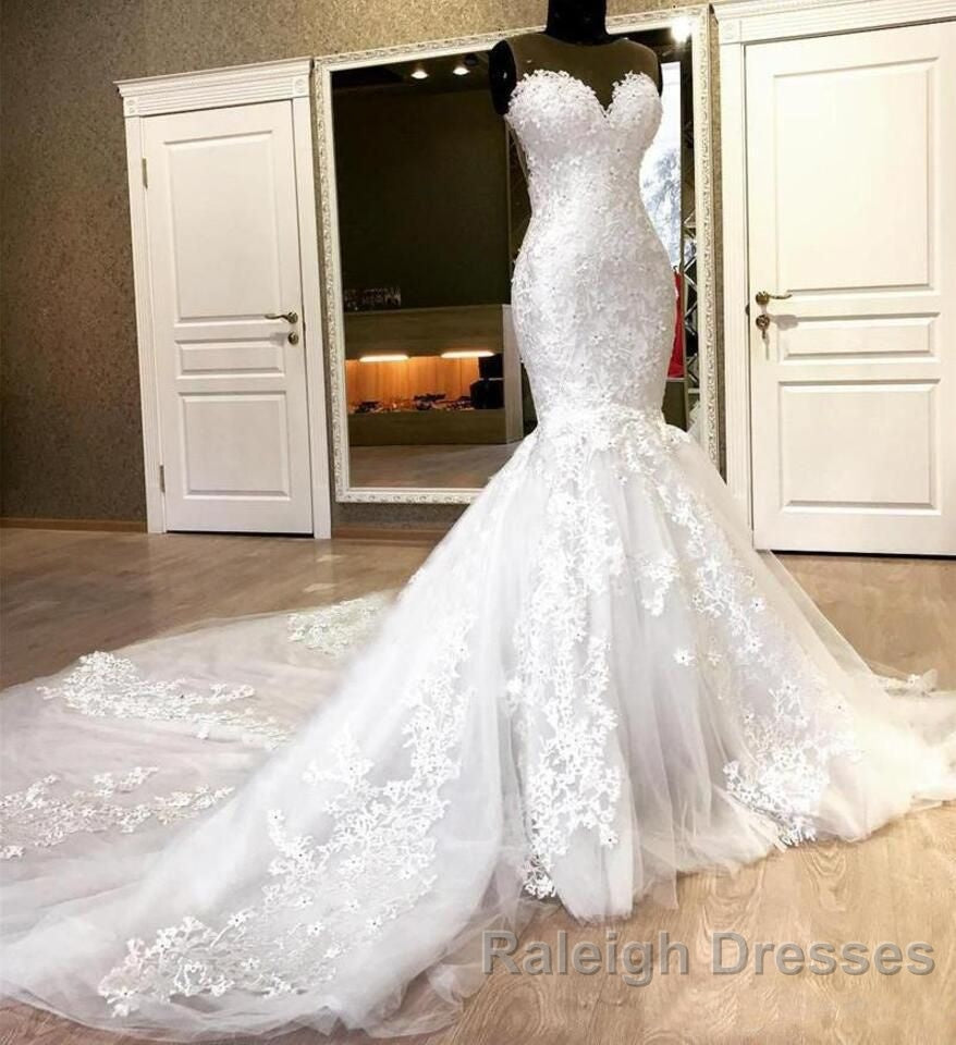 Sweetheart White Illusion neck Mermaid Beaded Lace Wedding Dresses Secondary image