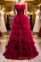 A-Line Long Spaghetti Strap Prom Dresses, Cute Layers Tulle Evening Dresses