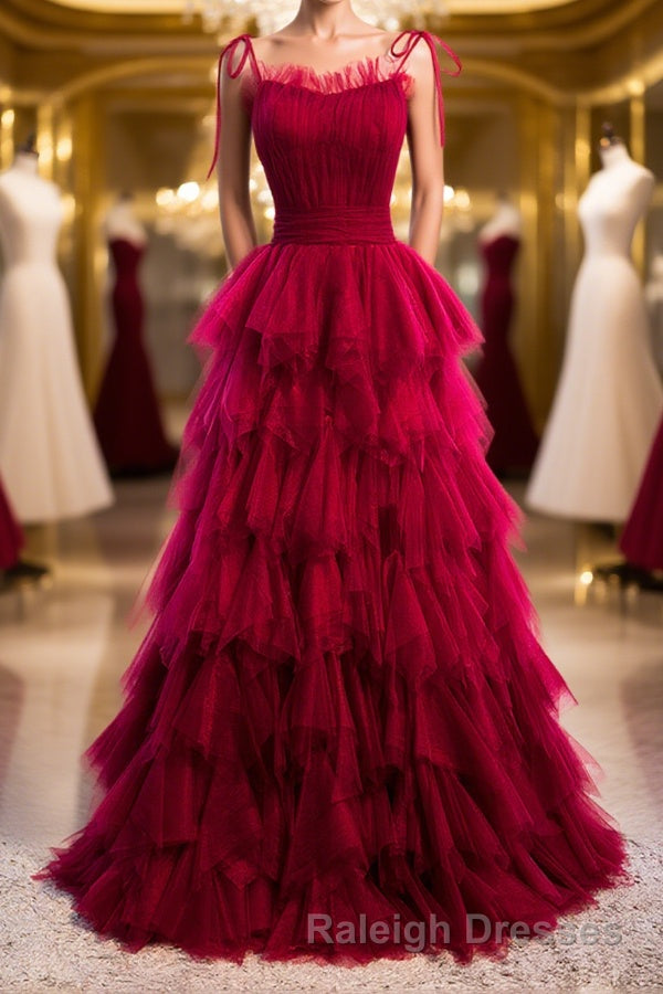 A-Line Long Spaghetti Strap Prom Dresses, Cute Layers Tulle Evening Dresses