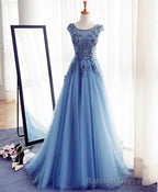 Blue A Line Tulle Lace Long Prom Dress, Prom Dress