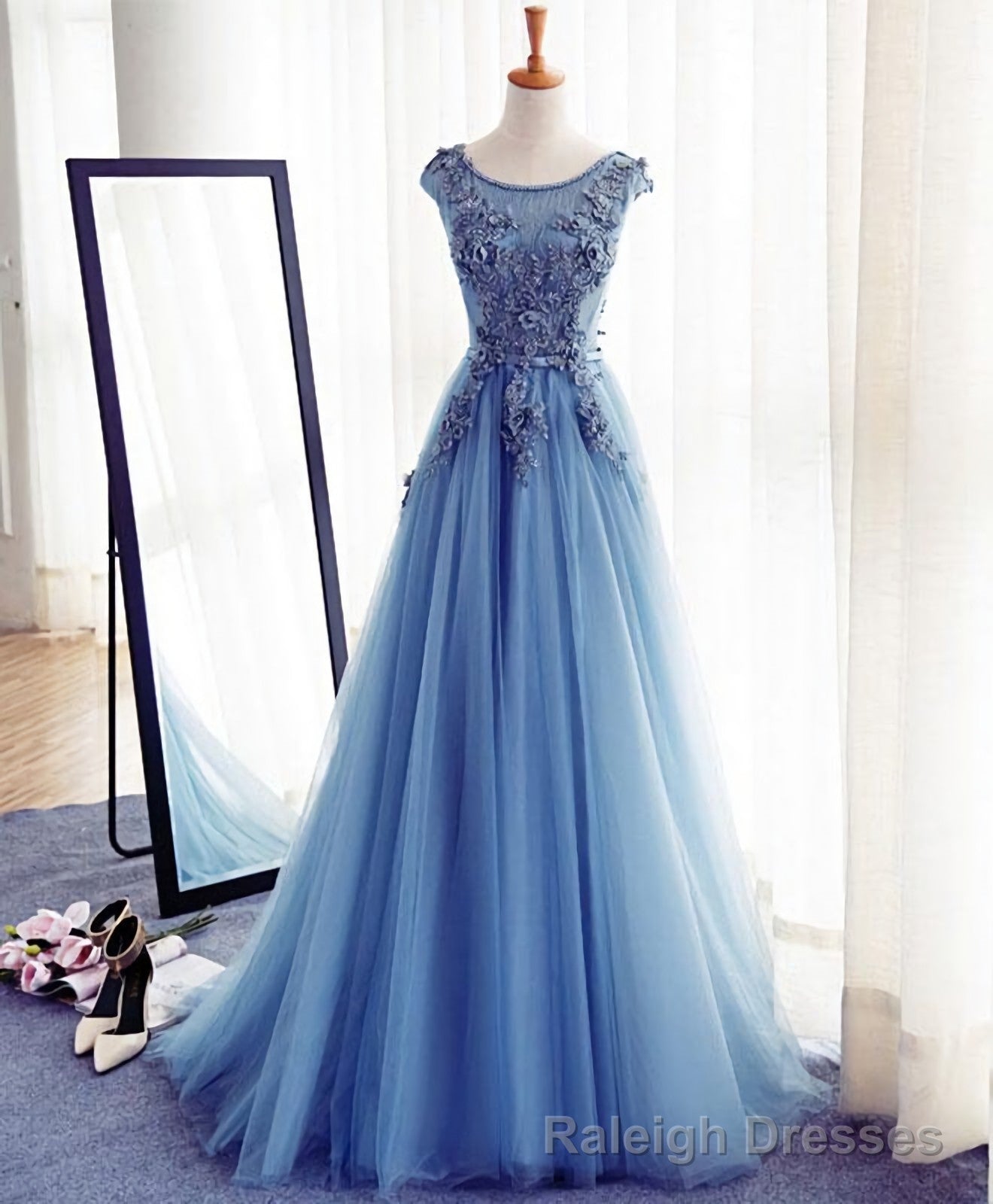Blue A Line Tulle Lace Long Prom Dress, Prom Dress