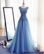 Blue A Line Tulle Lace Long Prom Dress, Prom Dress