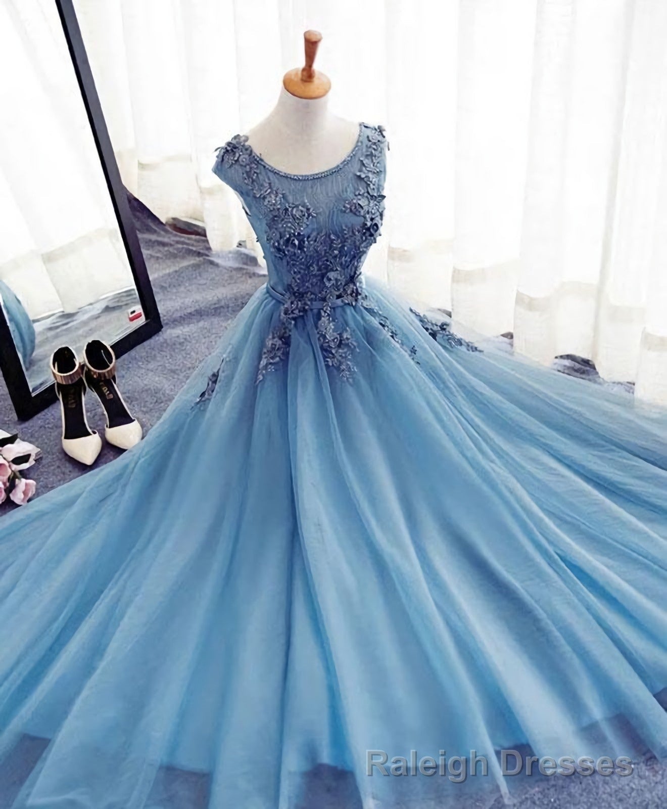 Blue A Line Tulle Lace Long Prom Dress, Prom Dress