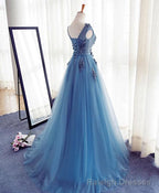 Blue A Line Tulle Lace Long Prom Dress, Evening Dress