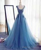 Blue A Line Tulle Lace Long Prom Dress, Prom Dress