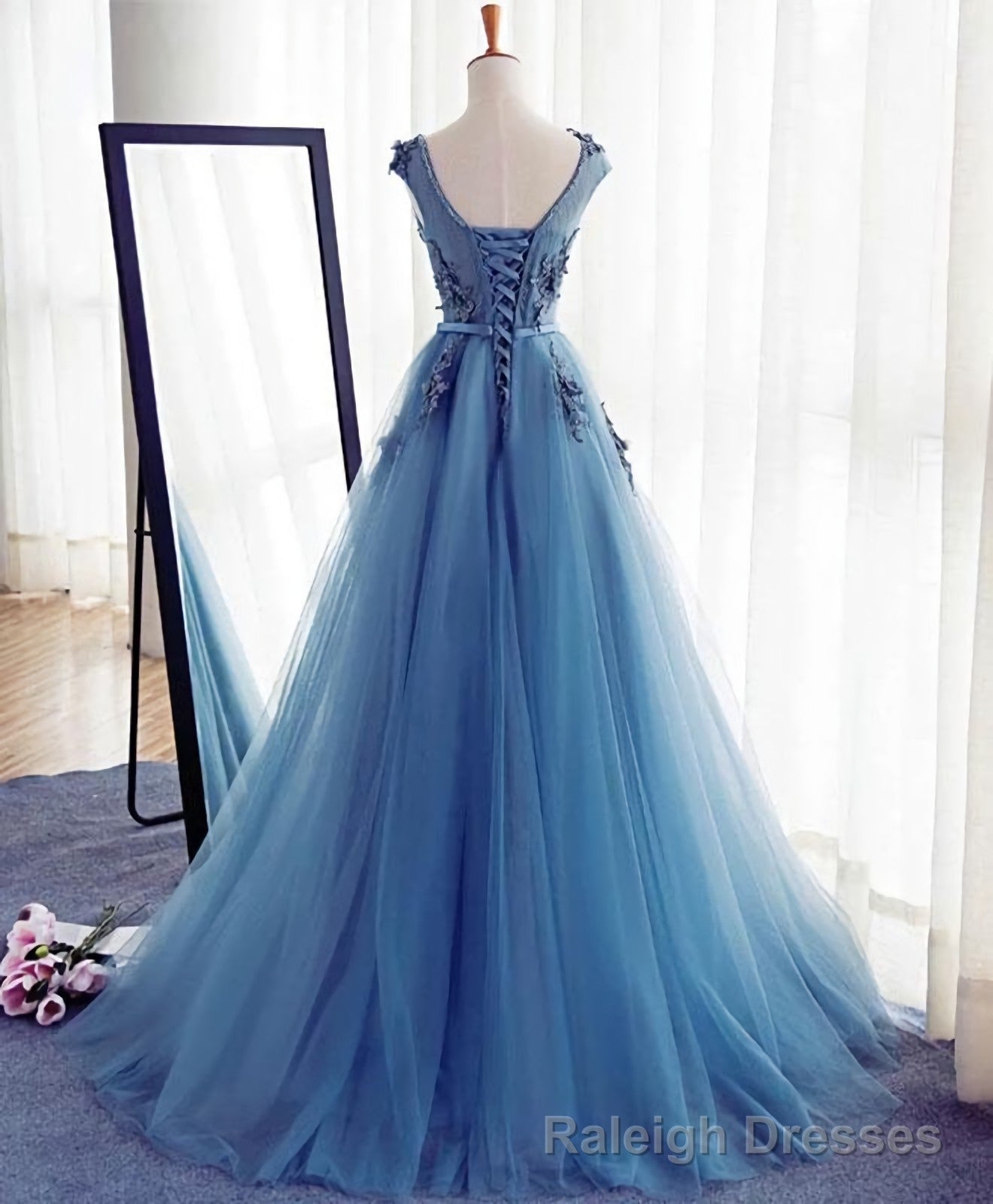 Blue A Line Tulle Lace Long Prom Dress, Prom Dress