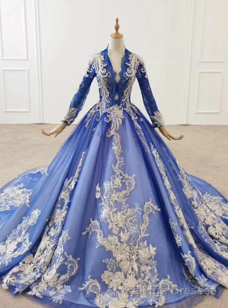 Take Center Stage In Royal Blue Tulle Lace Appliques V Neck Long Sleeve Wedding Dress