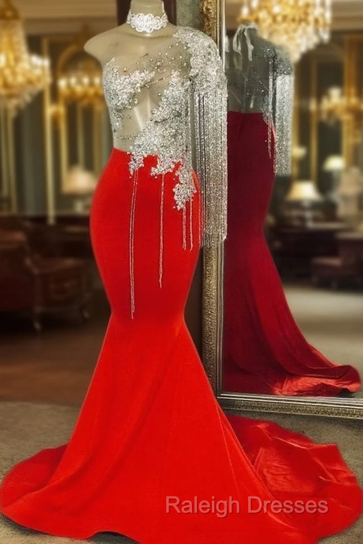 Tassel Prom Dresses, One Shoulder Prom Dresses, Mermaid Prom Dresses, Red Prom Dress
